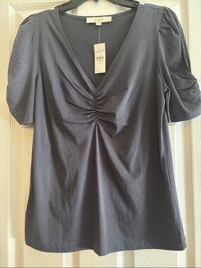 LOFT Slate blue V-Neck Short Sleeve Top with Front Ruching